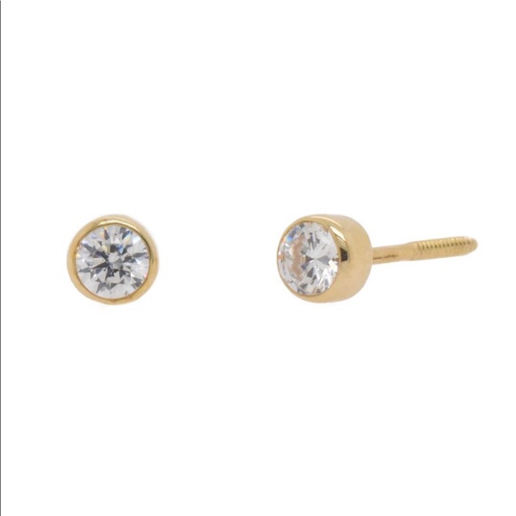 14KT Gold Round Stud Earrings With Clear CZ - Picture 1 of 2